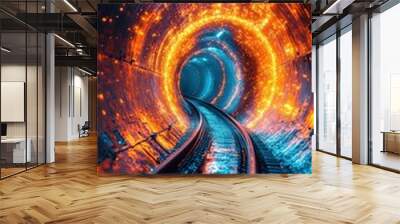 A railway track disappears into a swirling tunnel of fire and light. Wall mural