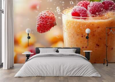 A refreshing fruit smoothie topped with berries, showcasing vibrant colors. Wall mural