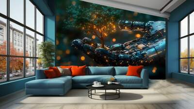 A robotic hand cradles a small tree with glowing lights, symbolizing the future of technology and nature. Wall mural