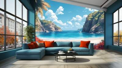 A serene beach scene with lush greenery and calm blue waters. Wall mural