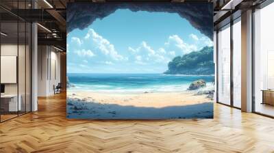 A serene beach view from a cave, showcasing calm waters and lush greenery. Wall mural