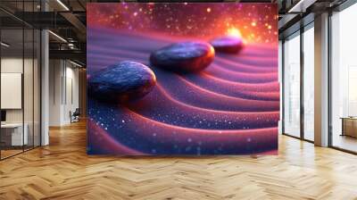 A serene landscape of smooth stones on wavy sand amidst a cosmic background. Wall mural