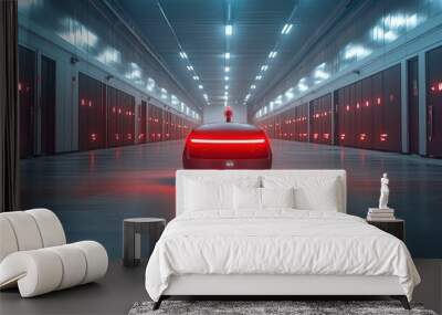 A sleek, futuristic vehicle illuminated by red lights in a high-tech storage facility. Wall mural