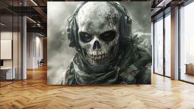 A soldier wearing a skull mask stares intently into the camera, surrounded by smoke and dust. Wall mural