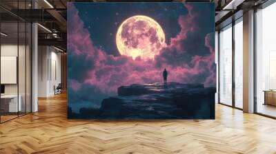 A solitary figure stands on a rocky ledge under a vibrant moonlit sky. Wall mural