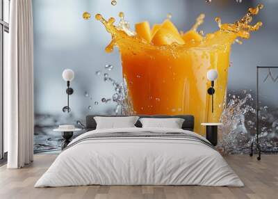 A splash of orange juice with mango pieces in a glass. Wall mural