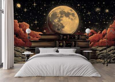 A stack of old books beneath a full moon and starry night sky. Wall mural