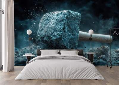 A stone hammer with a wooden handle, impacting the ground, creating a cloud of dust. Wall mural