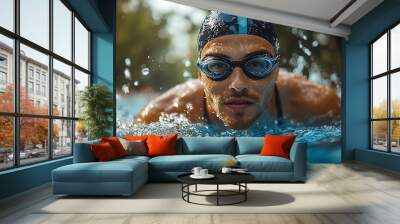 A swimmer with a determined look on his face, wearing a swim cap and goggles, swims in a pool. Wall mural