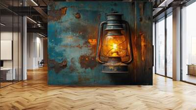 A vintage oil lamp with a warm glow, mounted on a weathered, rusty metal surface. Wall mural