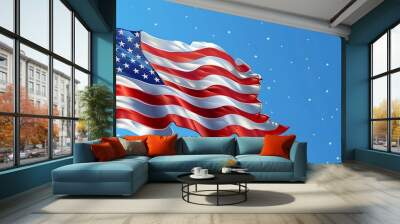 A waving American flag against a blue background with white snowflakes. Wall mural