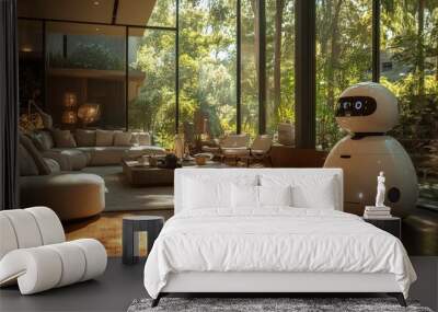 A white robot stands in a modern living room with large windows overlooking a lush green forest. Wall mural