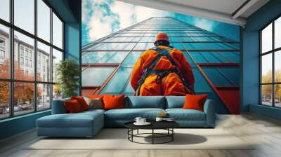 A window washer stands on a skyscraper, looking up at the clouds. Wall mural