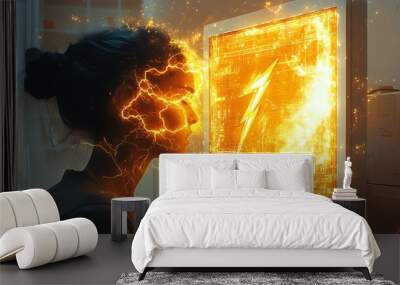 A woman with a lightning bolt emanating from her head, staring intensely at a computer screen with a glowing lightning bolt symbol on it. Wall mural