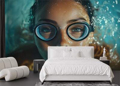 A woman with round glasses looks up from the water with a serious expression. Wall mural