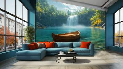 A wooden rowboat sits peacefully in a serene lake with a majestic waterfall cascading down a cliff in the background. The lake is surrounded by lush green trees and towering mountains. Wall mural