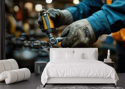 A worker using a power tool in a workshop for mechanical tasks. Wall mural