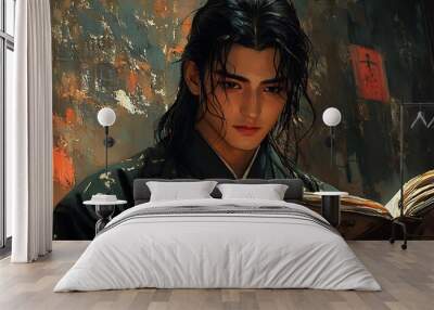 A young man with long black hair sits in a dimly lit room and reads a book with a serious expression. Wall mural