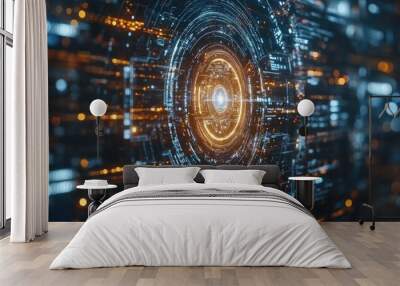 Abstract digital design featuring glowing circuits and a central core. Wall mural