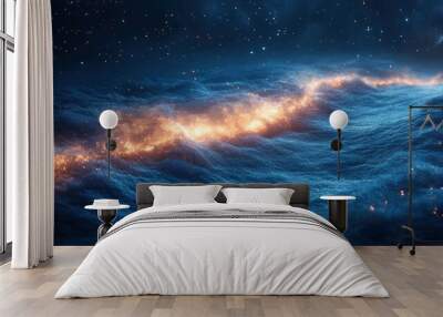 Abstract fiery galaxy with blue clouds and twinkling stars. Wall mural