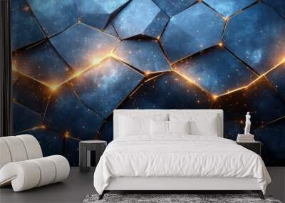 Abstract geometric pattern with glowing lines on a dark blue background. Wall mural