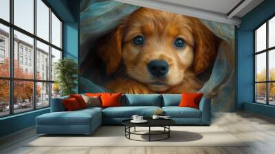 Adorable golden retriever puppy peeking out from under a blue fabric. Wall mural