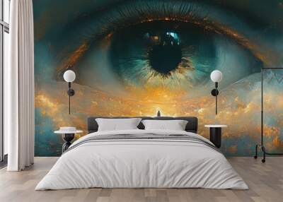 An eye gazes over a surreal landscape filled with clouds and vibrant colors. Wall mural