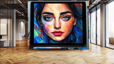 Artist's hand using a stylus to draw a portrait of a woman with blue eyes on a digital tablet. Wall mural