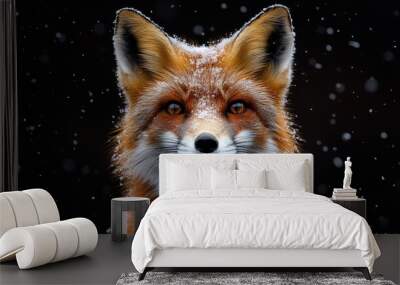 Close-up of a red fox's face with snow falling around it. Wall mural