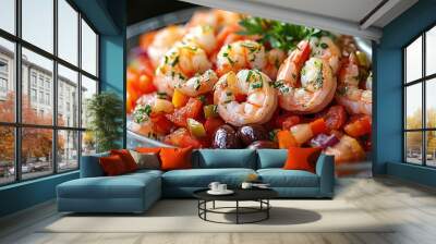 Close-up of a shrimp cocktail with tomatoes, onions, and olives, garnished with parsley. Wall mural