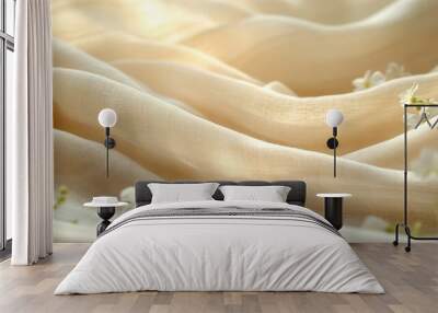 Delicate white flowers on soft cream fabric with sunlight shining through. Wall mural