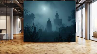 Eerie graveyard scene under a full moon, featuring a ghostly figure. Wall mural