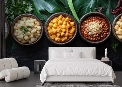 Five bowls of various food, including white rice, white beans, yellow beans, red beans, and white kernels, with fresh green leaves in the background. Wall mural