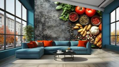 Fresh vegetables, herbs and spices on a rustic wooden background. Wall mural