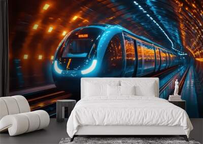 Futuristic Train Speeding Through Tunnel Wall mural