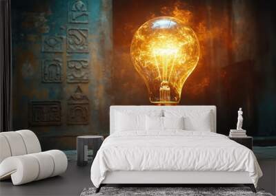 Glowing light bulb on a stone base in a dark room. Wall mural