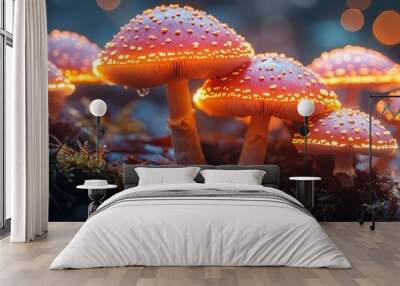 Glowing Red Mushrooms in the Forest. Wall mural