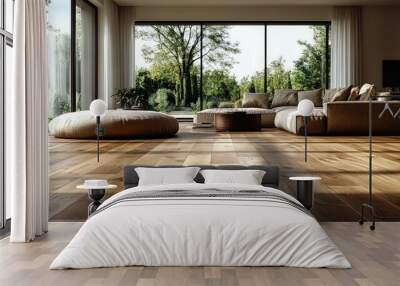 Modern living room with large windows and wooden floor, featuring a comfortable sofa and a bean bag chair. Wall mural