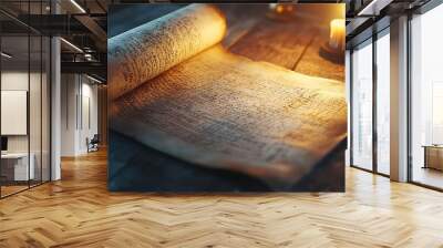 Old scroll and lit candle on wooden table. Wall mural