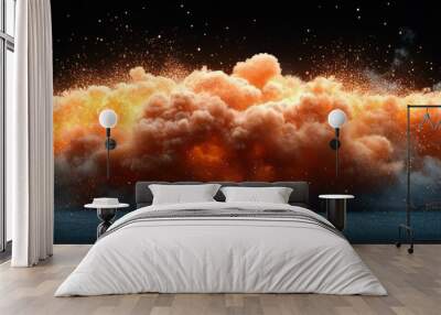 Orange cloud of smoke and fire with sparks isolated on black background. Wall mural