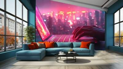 Person working on laptop computer in a futuristic city with neon lights. Wall mural