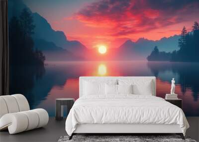 Serene sunrise over a tranquil lake, with a wooden pier reflecting vibrant colors. Wall mural