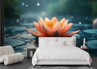 Single pink water lily floating on calm water with raindrops. Wall mural