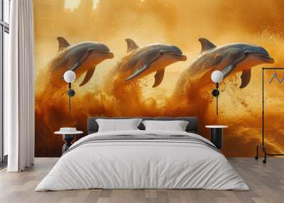 Three dolphins leap out of the water, creating a spray of water and sand. Wall mural