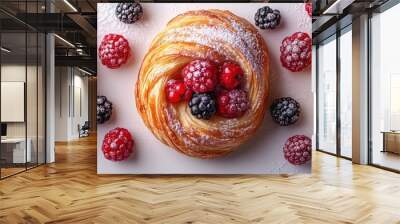 Three pastry swirls topped with fresh berries and powdered sugar. Wall mural