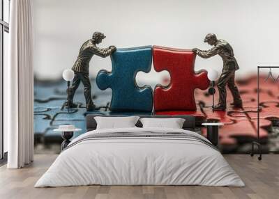 Two miniature figures connecting red and blue puzzle pieces. Wall mural