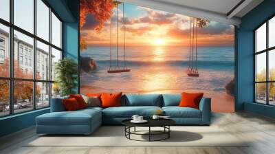 Two swings hang from trees on a tropical beach at sunset. Wall mural