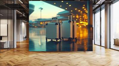 Two white suitcases stand outside a modern airport terminal, with a blurred background of glowing lights and an airplane in the distance, signifying travel and adventure. Wall mural