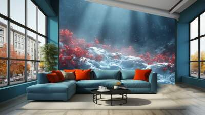 Underwater scene with glowing red plants and soft light beams. Wall mural