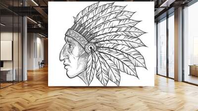 Native American Indian chief head profile. Vector vintage illust Wall mural